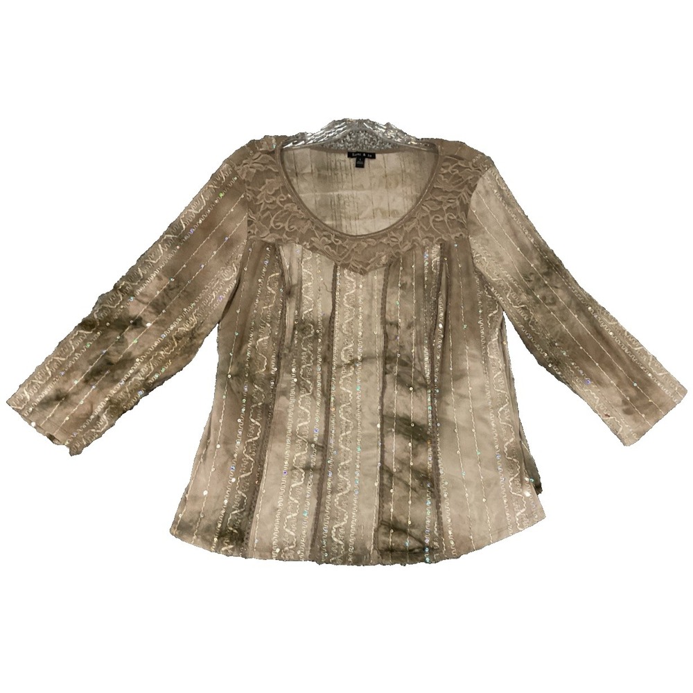 Sami & Jo Boho Brown Acid Wash Sequin Beaded Lace 3/4 Sleeve Blouse Top‎ Sz L